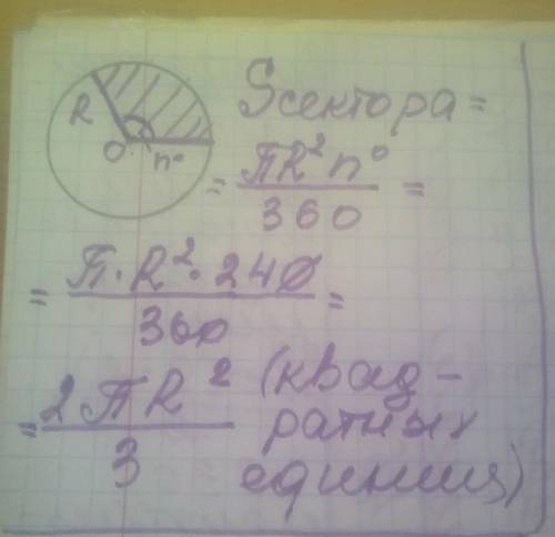 Знайдіть площу сектора круга радіуса R, якщо відповідний йому центральний кут дорівнює 240°.