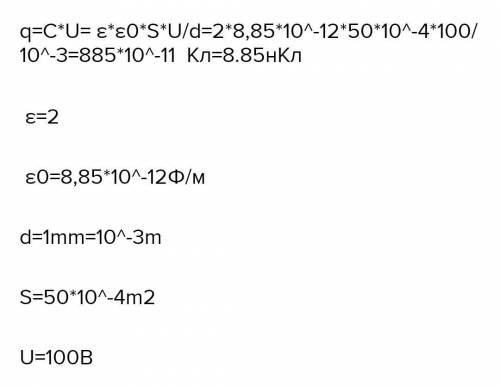 Напруга на обкладках плоского конденсатора, заповненого слюдою, дорівнює 50 В. Знайдіть заряд конден