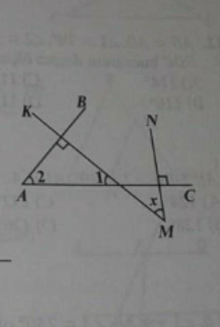 MK⊥AB , MN⊥AC, ∠2-∠1=12° если,найдите x​