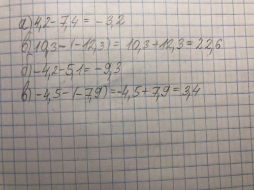 . Виконати віднімання:a) 4,2-7,4;B) 10,3- (-12,3);б) -4,2-5,1;г) -4,5 - (-7,9).​