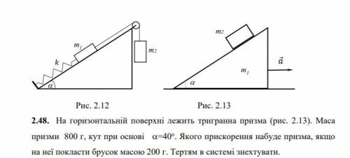 На горизонтальній поверхні лежить тригранна призма (рис. 2.13). Маса призми 800 г, кут при основі α=