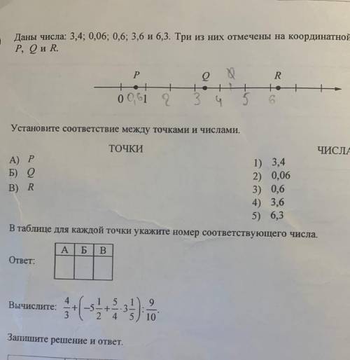 Даны числа 3,4; 0,06; 0,6; 3,6; 6,3 Три из них отмечены на координатной прямой точки P, Q, R Установ