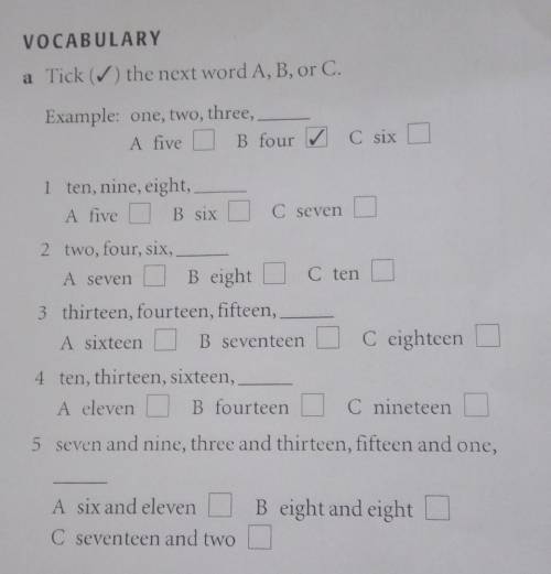 VOCABULARY a Tick() the next word A, B, orExample: one, two, three,A live 1 Blour Csiz o1 ten, nine,