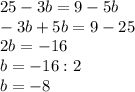 25-3b=9-5b\\-3b+5b=9-25\\2b=-16\\b=-16:2\\b=-8