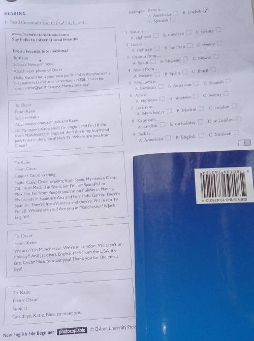 Reading and Writing ENGLBeginnerREADING1 Read the emails and tick (✓) A, B, or C.Example: Katie is..