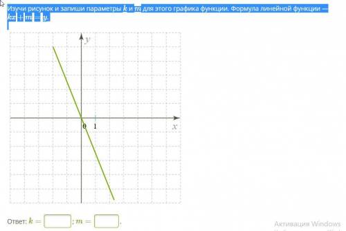 Изучи рисунок и запиши параметры k и m для этого графика функции. Формула линейной функции — kx+m=y.