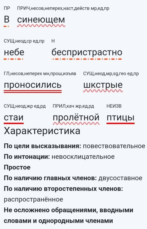 Синтаксический разбор со схемой В синеющем небе беспристрастно проносились шкстрые стаи пролётной пт