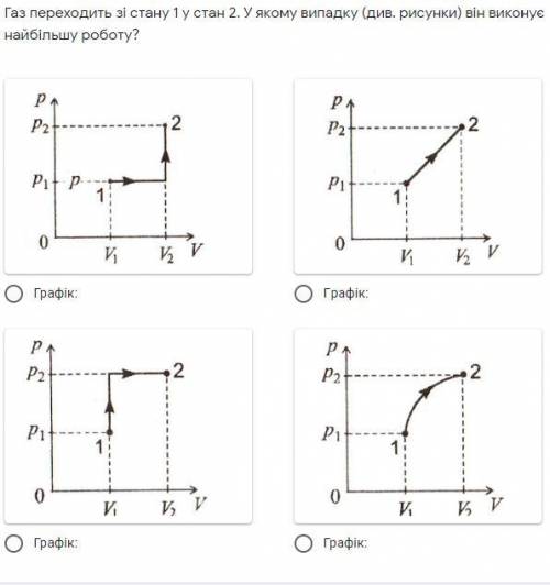Газ переходит из состояния 1 в состояние 2. В каком случае (см. Рисунки) он выполняет самую работу?