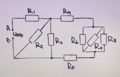 (схема ниже) дано:R1=4,6 OmR2=4 OmR3=10 OmR4=5,5 OmR5=5 OmR6=18 OmR7=10 OmR8=15 OmI5=0,5 Aопределить