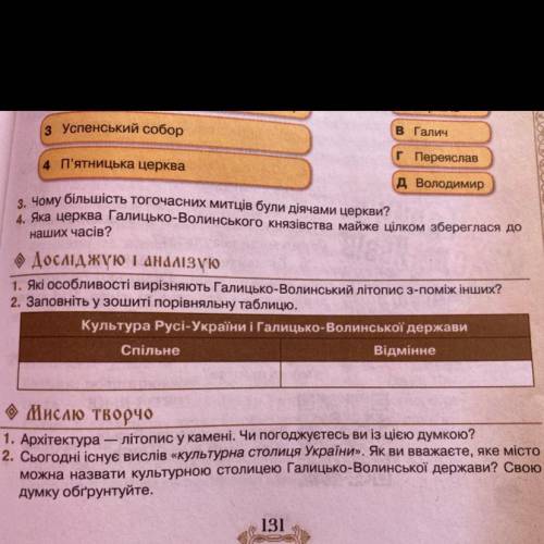 Спільне та відмінне між державами Русь-Україна та Галицько-Волинське (по таблице