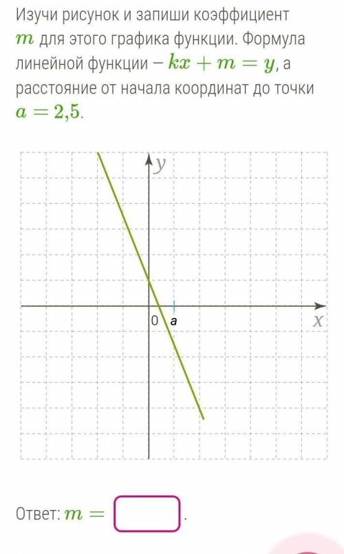 Изучи рисунок и запиши коэффициент m для этого графика функции. Формула линейной функции — kx+m=y, а