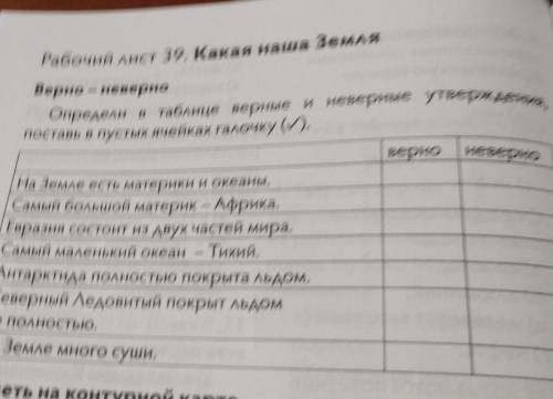 Рабочий лист 39. Какая наша Земля Верно - неверноОпредели в таблице верные и неверные утверждения,по