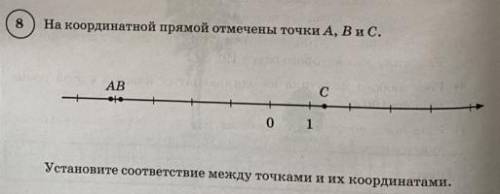 На координатной прямой отмечены точки A, B и C. Установите соответствие между точками и их координат