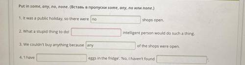 Put in some, any, no, none. (BctaBb B nponycku some, any, no nin none.) 1. It was a public holiday,
