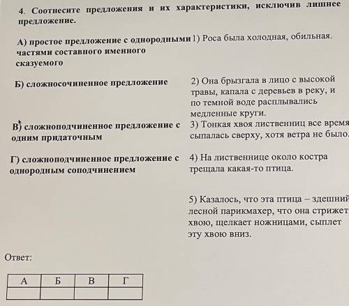 4. Соотнесите предложения и их характеристики, исключив лишнее предложение. А) простое предложение с