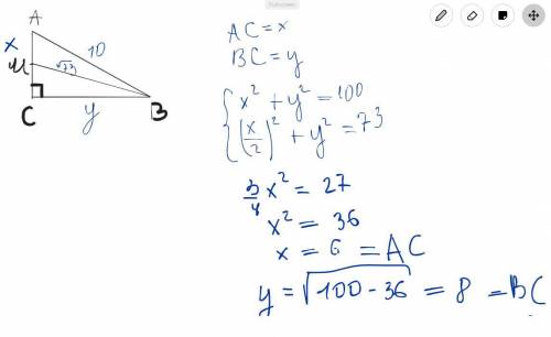 В прямоугольном треугольнике ABC угол C=90. AB=10 проведена медиана BM=корень из 73.Найдите площадь