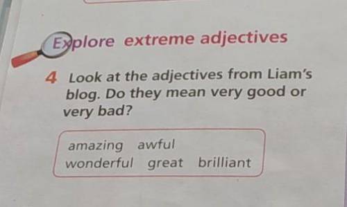 Explore extreme adjectives 4 Look at the adjectives from Liam'sblog. Do they mean very good orvery b