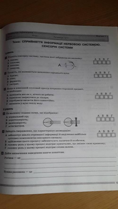 тематична з «Сприйняття інформації нервовою системою. Сенсорні системи» (( ів за відповідь))