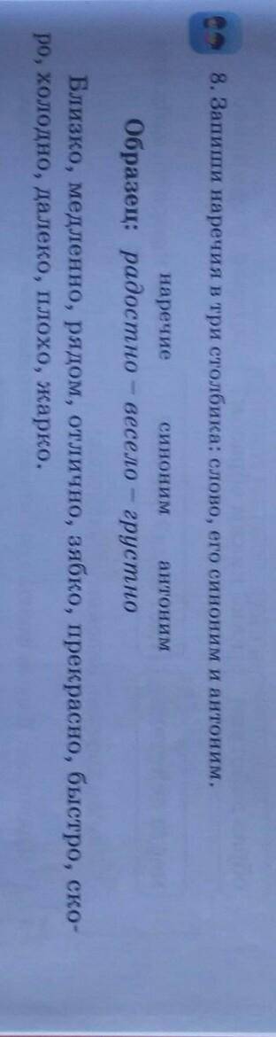 Запиши наречия в три сьолбика:слово, его синоним и антоним​