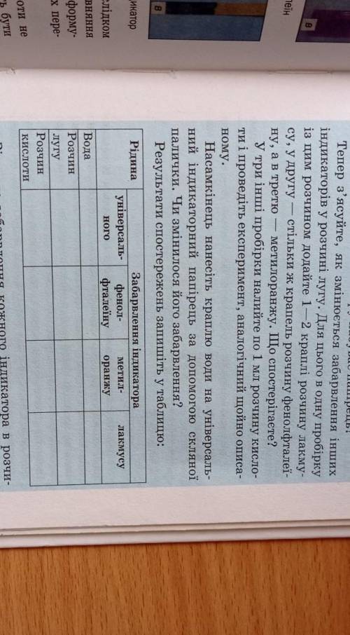 Лабораторний дослід 5 ,, Випробування водних розчинів кислот і індикаторами зробити таблицю ​