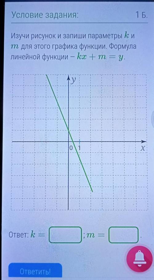 Изучи рисунок и запиши параметры k и m для этого графика функци. Формула линейной функции – kx+m=y ​