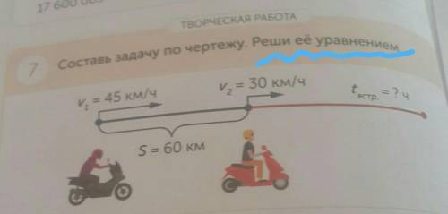 ТВОРЧЕСКАЯ РАБОТА 7Составь задачу по чертежу. Реши её уравнением.и, = 45 км/чV= 30 км/чtactp.= ? чS