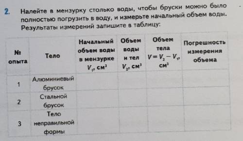 Налейте в мензурку столько воды, чтобы бруски можно было полностью погрузить в воду, и измерьте нача