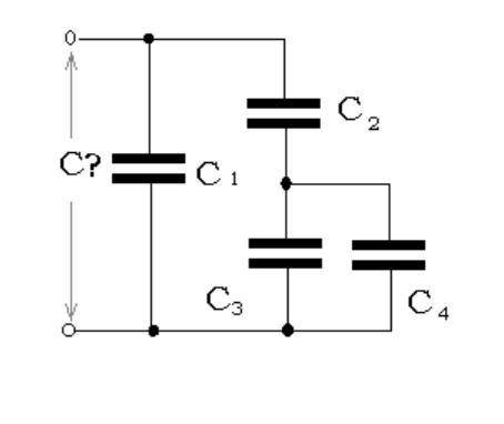 Определите сопротивление между клеммами схемы, если С1 = 10 пф, С2 = 20 пф, R3 = 10 пф, R4 = 10 пф.