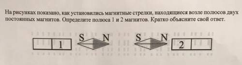 На рисунках показано, как установились магнитные стрелки, находящиеся возле полюсов двух постоянных