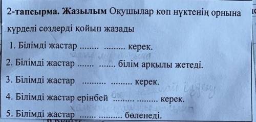 1. Білімді жастар керек. 2. Білімді жастар білім арқылы жетеді.3. Білімді жастар керек.4. Білімді