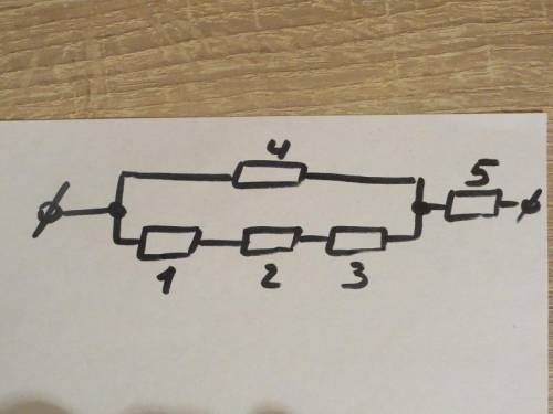 Розрахувати силу струму та напругу на четвертому та п’ятому резисторах зображеної на малюнку ділянки