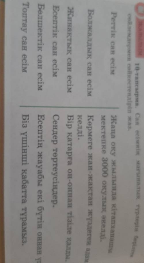 Алып сойлемдермен сөйкестендіріп жаз.10 тапсырма. Сан есімнің мағыналық түрлерін берілгенРеттік сан