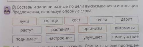 3) Составь и запиши разные по цели высказывания и интонации ипредложения, используя опорные слова.лу