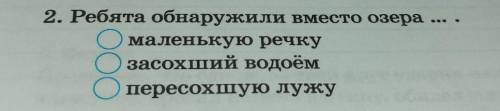 2. Ребята обнаружили вместо озерамаленькую речкузасохший водоёмОпересохшую лужу​
