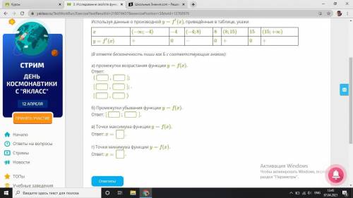 Используя данные о производной y=f′(x), приведённые в таблице, укажи x (−∞;−4) −4 (−4;8) 8 (8;15) 15