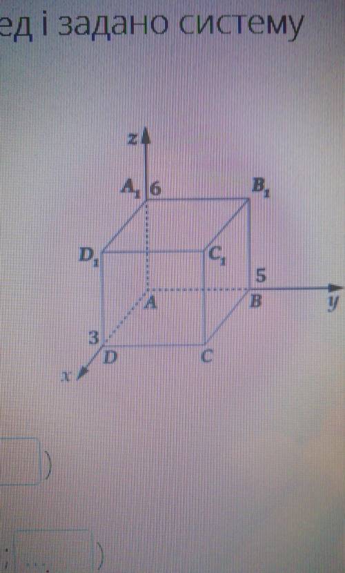 На рисунку зображено прямокутний паралелепіпед і задано систему координат. Знайдіть координати векто