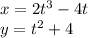 x=2t^{3} -4t\\y=t^{2} +4