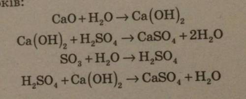 Ca+H2O→Ca(OH)2Ca(OH)2+H2SO4→CaSO4+2H2OSO3+H2O→H2SO4H2SO4+Ca(OH)2→CaSO4+H2O​