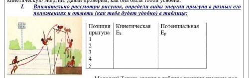                  I.           Внимательно рассмотри рисунок, определи виды энергии прыгуна в разных