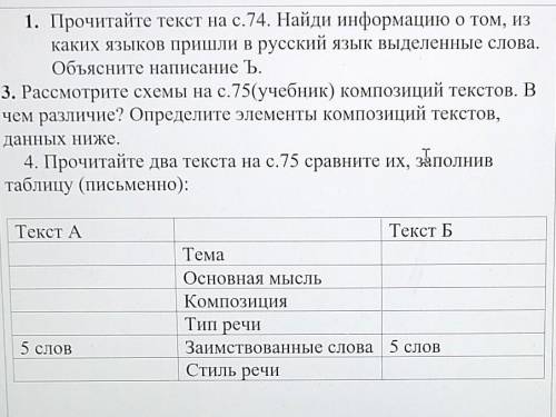 1. Прочитайте текст на с.74. Найди информацию о том, из каких языков пришли в русский язык выделенны