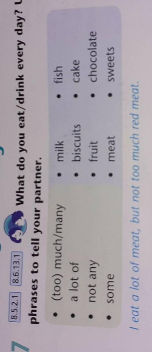 |8.5.2.1 8.6.13.1 What do you eat/drink every day? Use the phrases to tell your partner. . fish (too