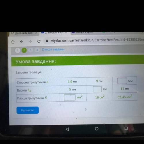 Заповни таблицю. Сторона трикутника а 4,6 мм 9 см MM Висота ha 5 MM СМ 11 мм Площа трикутника S IMM?