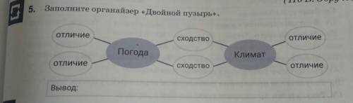 5. Заполните органайзер «Двойной пузырь».ОтличиесходствоОтличиеПогодаКлиматотличиесходствоОтличиеВыв