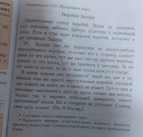 Упражнение 430. Прочитайте текст • Составьте план и перескажите текст,• Выпишите примеры существител