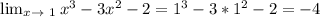 \lim_{x \to \ 1} x^{3}-3x^{2}-2=1^{3}-3*1^{2}-2=-4