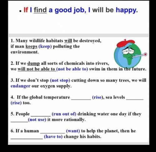 1. many wildlife habitats will be destroyed, if man keeps (keep) polluting the environment. 2. if we