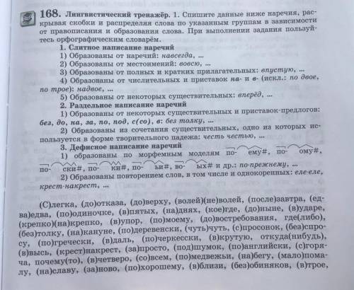 Спишите данные ниже наречия, раскрывая скобки и распределяя слова по указанным группам в зависимости