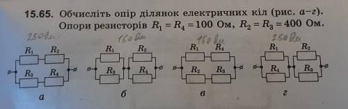 15.65. Обчисліть опір ділянок електричних кіл (рис. а-г). Onopu pe3uctopib RA = R4 = 100 OM, R2 = R3