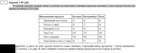 В таблице указаны средние цены (в рублях) на некоторые основные продукты питания в трех городах Росс