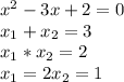 x^2-3x+2=0\\x_{1}+x_{2}=3\\x_{1}*x_{2}=2\\x_{1}=2x_{2}=1